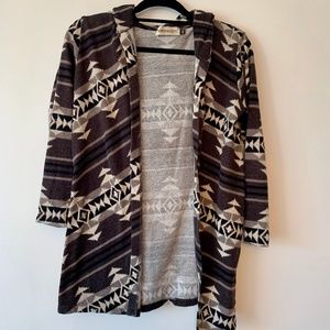 Tribal Patterned Black/White/Gray Hooded Cardigan